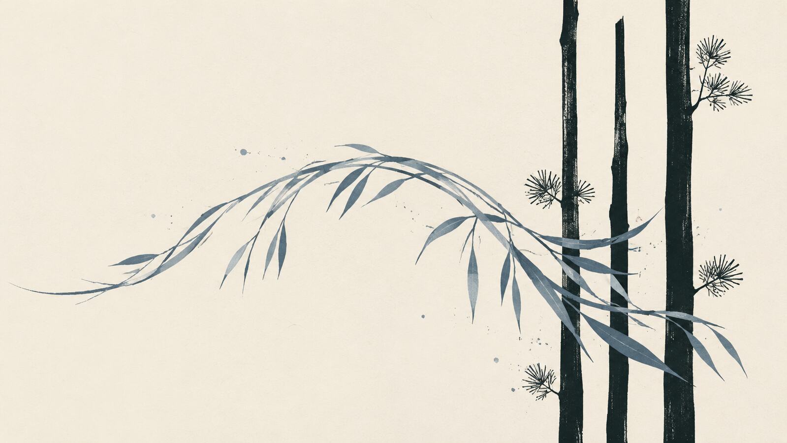 A flowing willow branch passes through a rhythm of upright pine trunks.