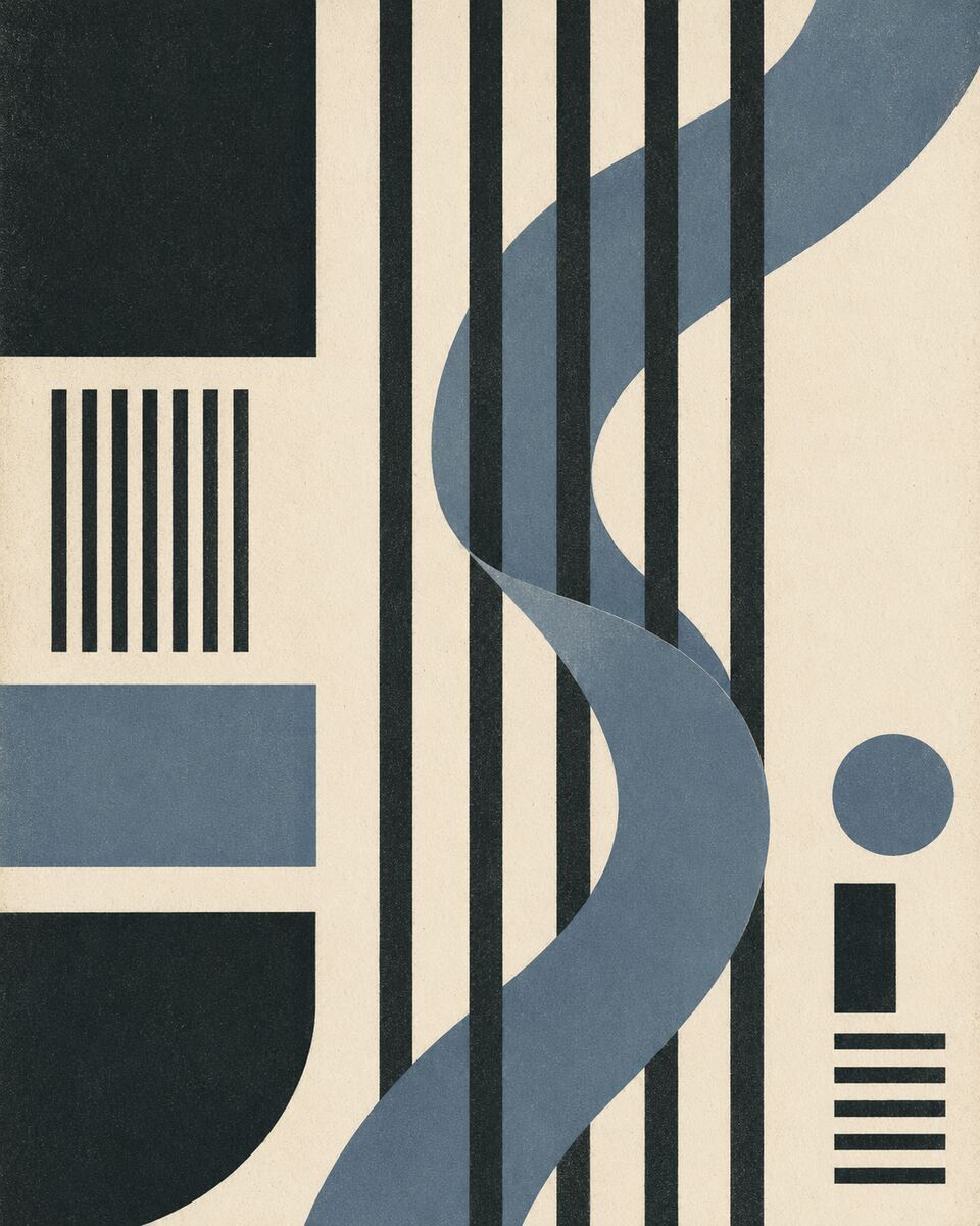 A modernist book cover composition with a slate ribbon moving through precise dark bars.