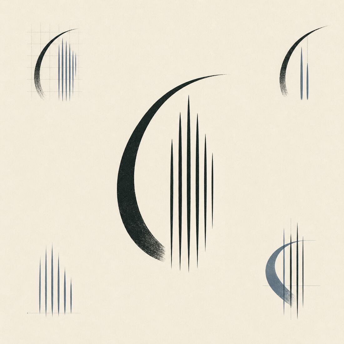 An identity system study combining one curved brushstroke with disciplined vertical needle marks.