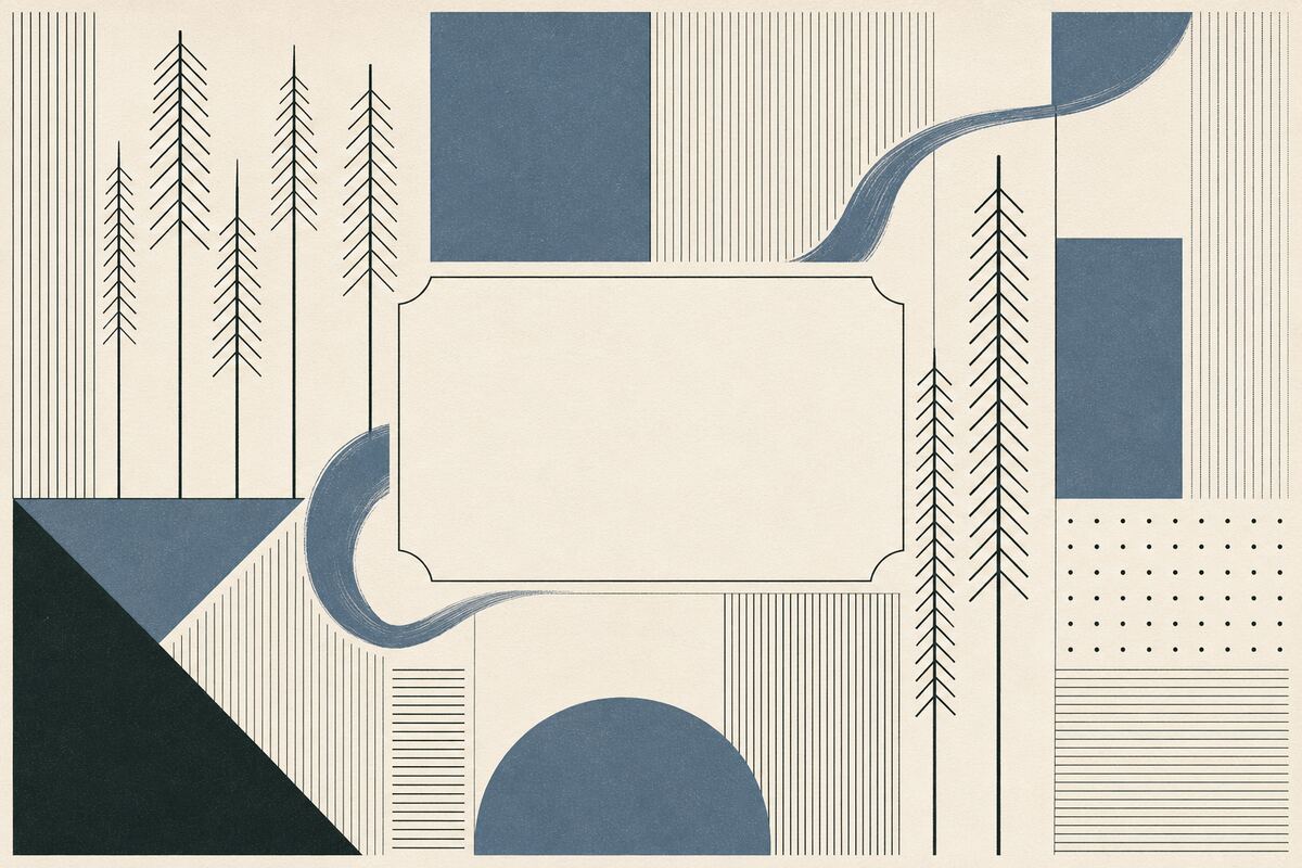 A restrained packaging system built from pine-like linework, geometric fields, and one fluid stroke.